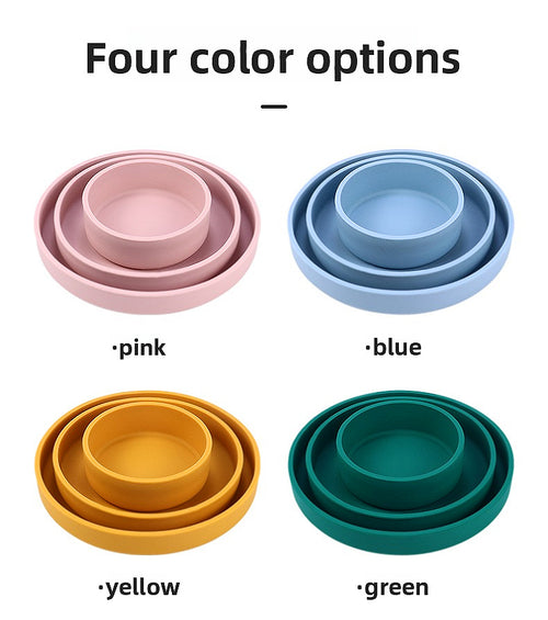 Four colorful bowls in pink, blue, yellow, and green with text indicating color options.