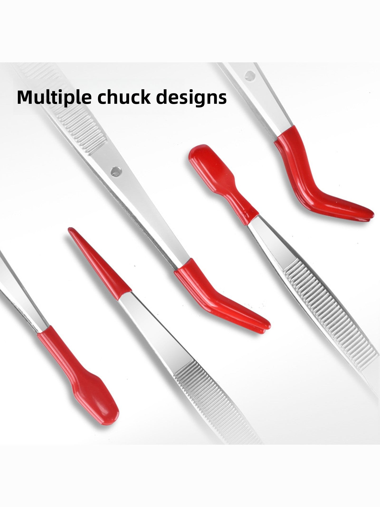 Set of metal tools with red handles on a white background, labeled 'Multiple chuck designs'.