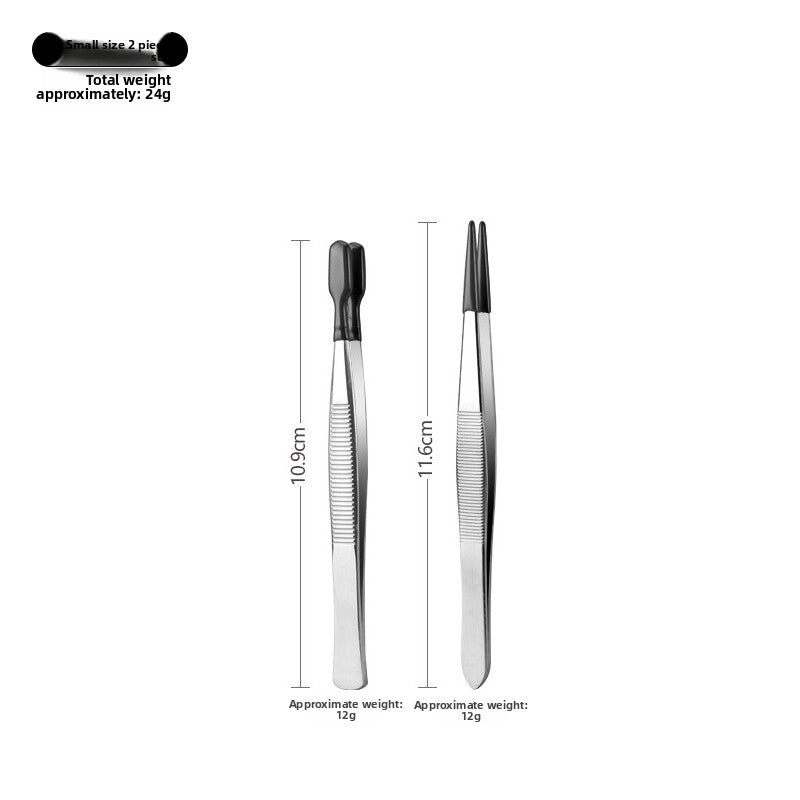 Pair of silver tweezers with black handles, showing dimensions and weight on a white background.