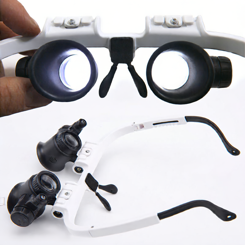 White magnifying glasses with black lenses and headbands on a white background