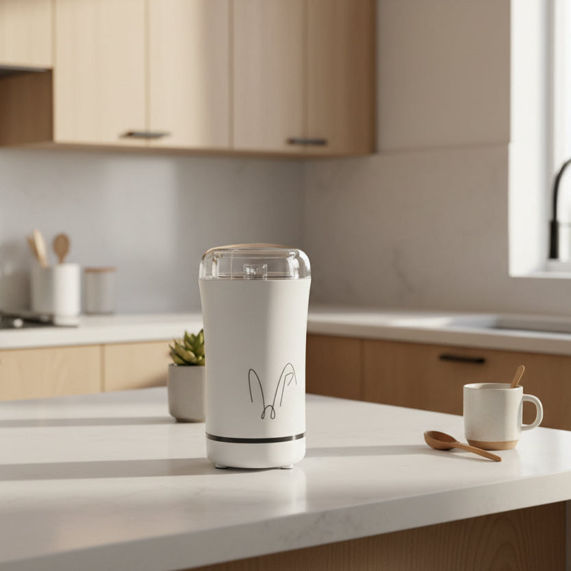 White cylindrical container with a clear top on a light-colored surface - it is a coffee grinder spice grinder and electric mixer kitchen appliance by WPaesthetics LLC