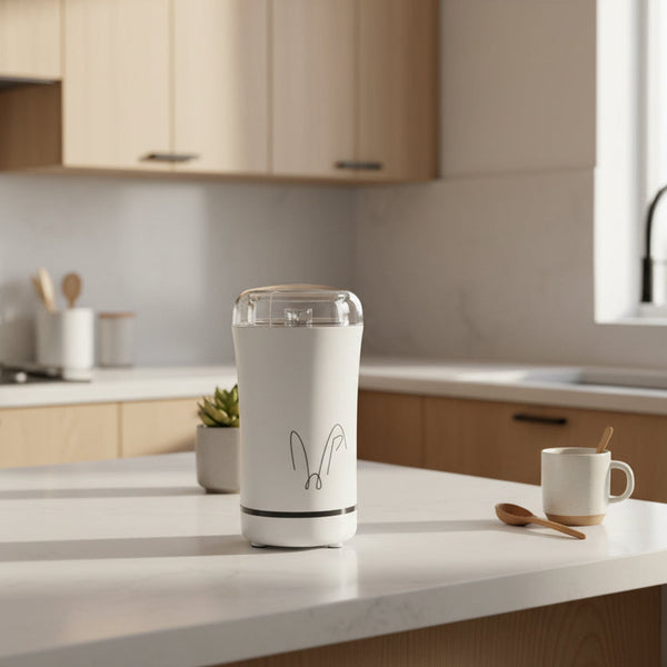 White cylindrical container with a clear top on a light-colored surface - it is a coffee grinder spice grinder and electric mixer kitchen appliance by WPaesthetics LLC